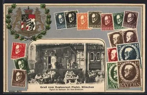 Präge-AK München, Restaurant Platzl, bayerische Briefmarken und Wappen