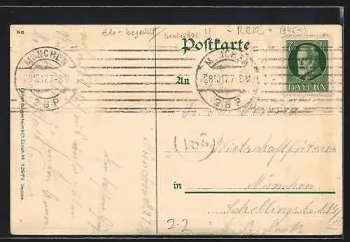 Präge-AK München, Restaurant Platzl, bayerische Briefmarken und Wappen