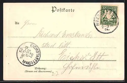 Präge-AK München, Maximilianeum, bayerische Briefmarken, Postillon