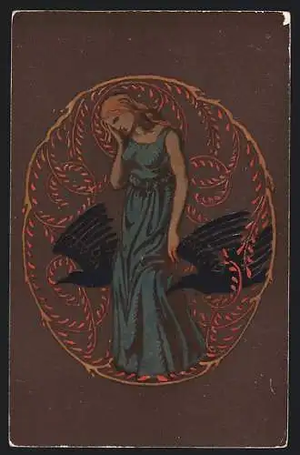 Künstler-AK Trauernde Frau flankiert von Raben