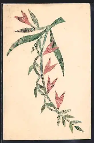 AK Zweig mit roten Blüten, Briefmarkencollage