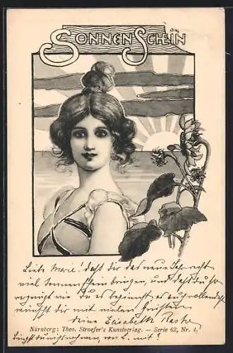 AK Dame mit Sonnenblume, Jugendstil