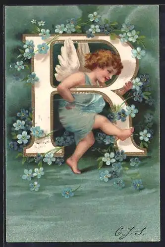 AK Engel mit Vergissmeinnicht hinter dem Buchstaben R