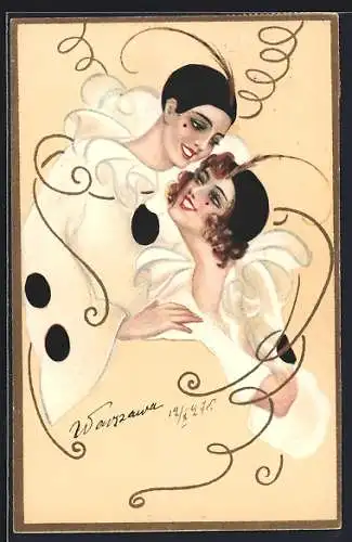 AK Pierrot und Pierrette, Art Deco