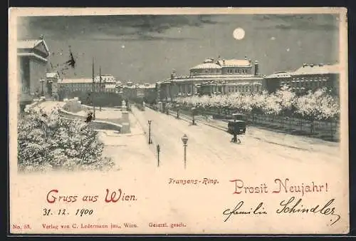 Mondschein-AK Wien, Franzensring mit Parlament im Winter bei Vollmond