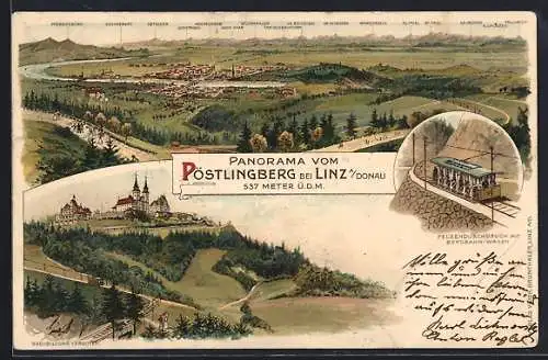 Lithographie Pöstlingberg, Felsendurchbruch mit Bergbahn-Wagen, Panorama von Linz