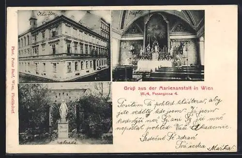 AK Wien, Marienanstalt, Strasse Fasangasse, Kircheninneres, Denkmal