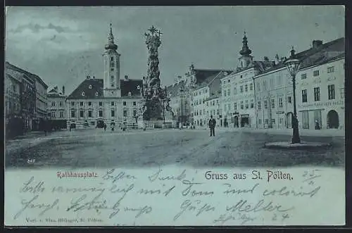 AK St. Pölten, Rathausplatz mit Geschäften und Denkmal