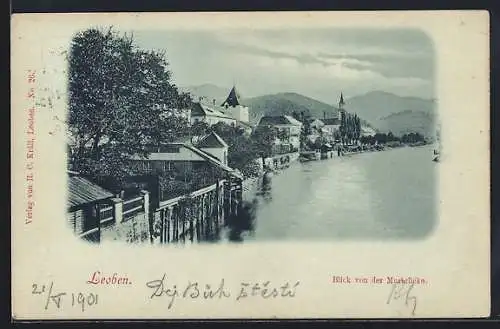 Mondschein-AK Leoben, Blick von der Murbrücke auf den Ort