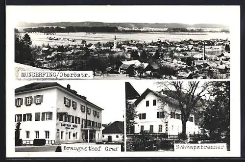 AK Munderfing, Panoramablick auf die Ortschaft mit Schnapsbrennerei und Braugasthof Graf