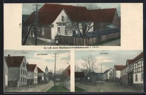 AK Kleinschwabhausen i. Thür., Gasthaus von Paul Süss, Dorfstrasse, Dorfplan