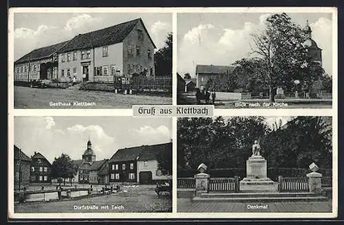AK Klettbach, Gasthaus, Dorfstrasse mit Teich, Denkmal