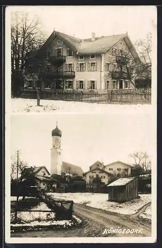 AK Königsdorf, Strassenpartie mit Blick zur Kirche, grosses Gebäude im Winter