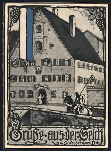 Künstler-AK Landsberg am Lech, Gasthaus Kratzer / Selch mit Ritter und Brücke