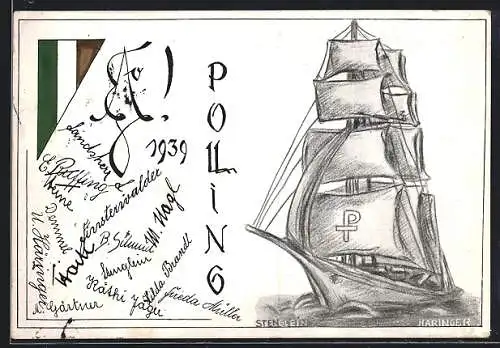 AK Polling b. Weilheim, Haustöchterschule, Absolvia 1939, Segelschiff