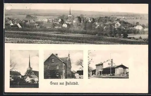 AK Ballstädt, Bahnhof, Kirche, Ortspanorama mit Umgebung
