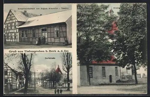 AK Tiefengruben / Bad Berka, Gasthaus August Nimmrich, Dorfstrasse, Kirche