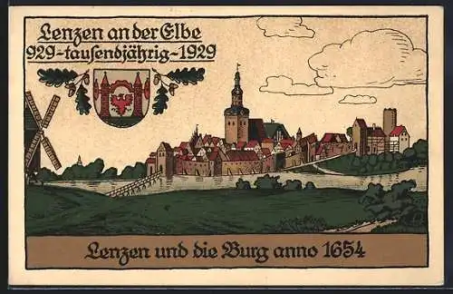 Steindruck-AK Lenzen a. d. Elbe, Festpostkarte, Tausendjährig 1929, Burg anno 1654