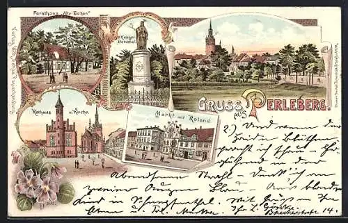 Lithographie Perleberg, Markt mit Roland, Kriegerdenkmal, Forsthaus Alte Eichen