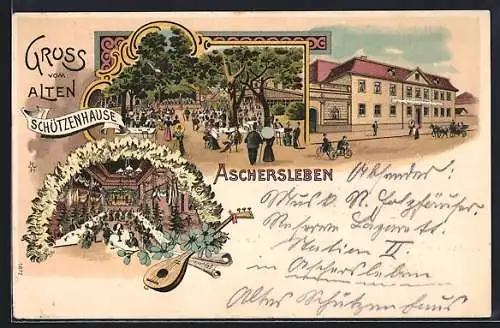 Lithographie Aschersleben, Gasthof zum alten Schützenhause mit Saal und Garten