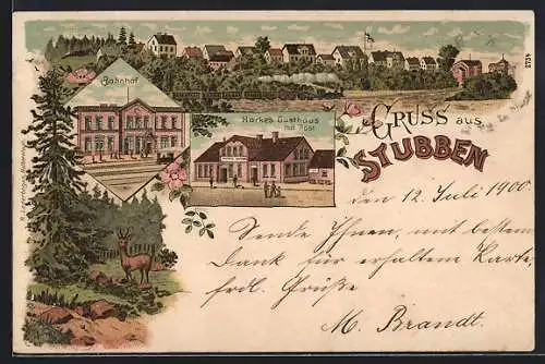 Lithographie Stubben / Wesermünde, Harkes Gasthaus mit Post, Bahnhof, Totalansicht