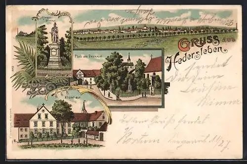 Lithographie Hedersleben / Wegeleben, Kloster, Platz am Denkmal, Kriegerdenkmal, Panorama