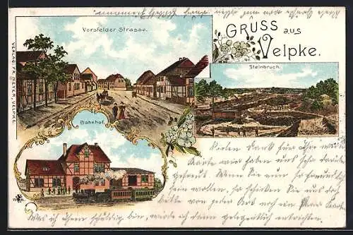 Lithographie Velpke, Vorsfelder Strasse, Steinbuch, Bahnhof
