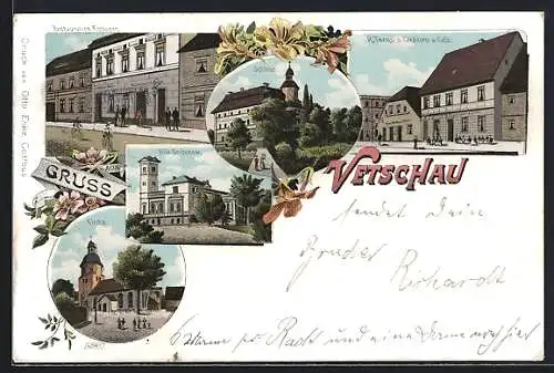 Lithographie Vetschau / Lausitz, Gasthaus Fittbogen, Schloss, Kirche