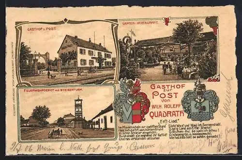 Lithographie Quadrath, Gasthof zur Post, Feuerwehrdepo mit Steigerturm, Wappen