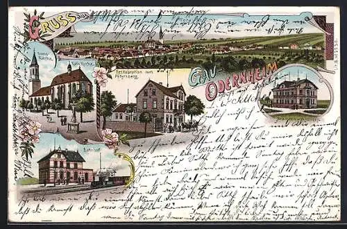 Lithographie Odernheim / Gau, Restaurant zum Petersberg, Bahnhof, Beamtenwohnungen