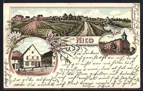 Lithographie Frankfurt-Nied, Gesamtansicht, Geschäft Conrad Föller, Kirche