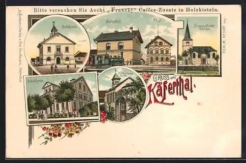 Lithographie Käferthal, Bahnhof, Rathhaus, Schule, Kirchen