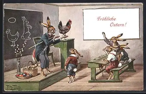 Künstler-AK Arthur Thiele: Osterhase an der Tafel mit Schulkindern, Ostergruss