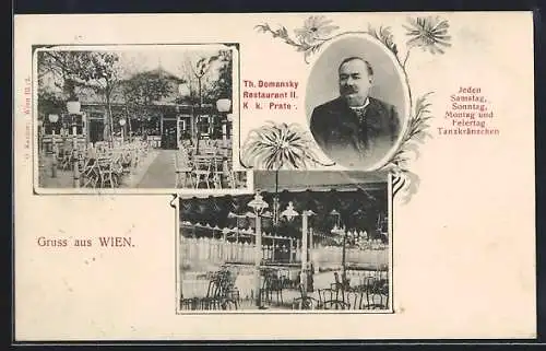 AK Wien, Wiener Prater, Restaurant II. Th. Domansky, Gartenansichten, Wirtsportrait