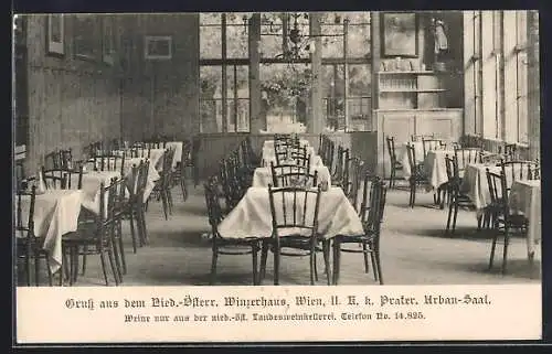 AK Wien, Wiener Prater, Gasthaus Nied.-Österr. Winzerhaus, Innenansicht Saal