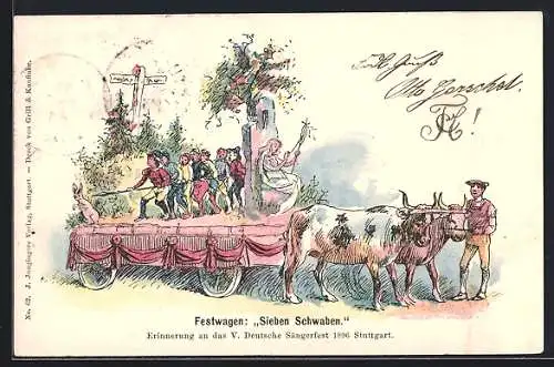 Lithographie Stuttgart, V. Deutsches Sängerfest 1896, Festwagen Sieben Schwaben mit Ochsengespann