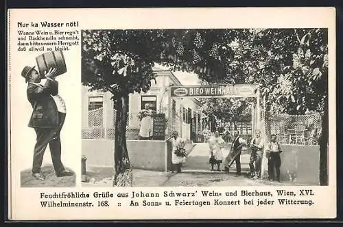 AK Wien, Gasthaus Wein- & Bier-Haus von Johann Schwarz, Wilhelminenstrasse 168, Mann trinkt aus einem Fass