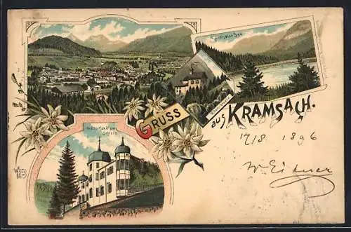 Lithographie Kramsach, Gräfl. Taxis`sches Schloss, Rainthaler See, Ortsansicht