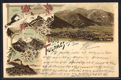 Lithographie Fulpmes i. Stubaithal, Ortsansicht, Wilder Freiger