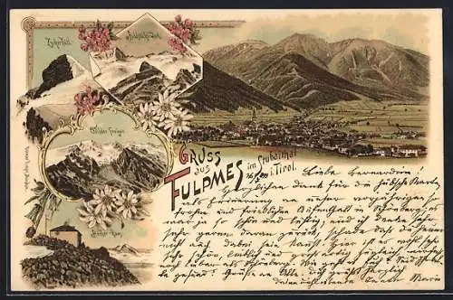 Lithographie Fulpmes i. Stubaithal, Ortsansicht, Wilder Freiger