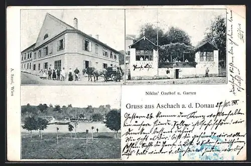 AK Aschach a. d. Donau, Gasthof Niklas, Garten, Uferpartie