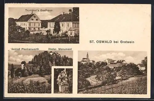 AK St. Oswald bei Gratwein, Gasthaus Trummer, Schloss Plankenwarth, Historisches Monument