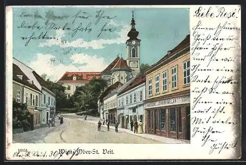 AK Wien, Ober-St. Veit, Strassenpartie mit Handlung Johann Melan und Kirche