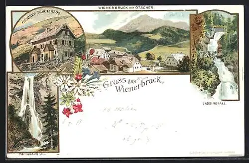 Lithographie Wienerbruck, Ötscher Schutzhaus, Miriasachfall, Ortsansicht mit Ötscher