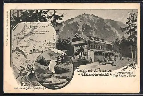 AK Reutte /Tirol, Gasthof & Pension Ammerwald, Wasserscheide auf dem Schützensteig, Landkarte