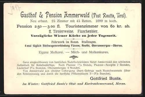 AK Reutte /Tirol, Gasthof & Pension Ammerwald, Wasserscheide auf dem Schützensteig, Landkarte