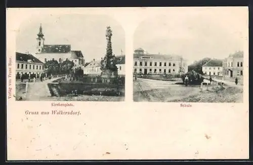 AK Wolkersdorf /N.-Oe., Kirchenplatz mit Pestsäule, Schule