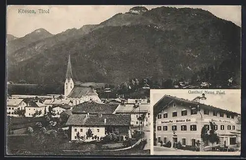 AK Kössen /Tirol, Gasthof Neue Post, Teilansicht mit Kirche