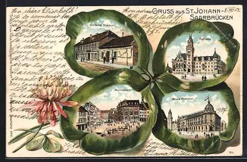 Passepartout-Lithographie St. Johann /Saarbrücken, Gasthaus Goldene Bremm, Rathauis, Marktplatz, Neues Postamt