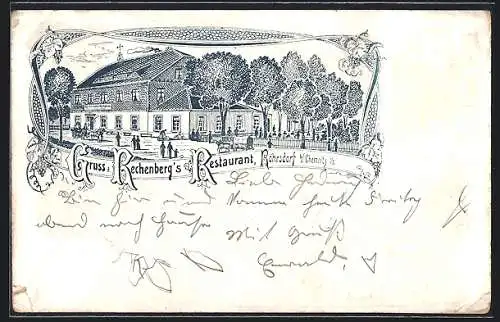 Lithographie Röhrsdorf b. Chemnitz, Partie vor Rechenberg`s Restaurant